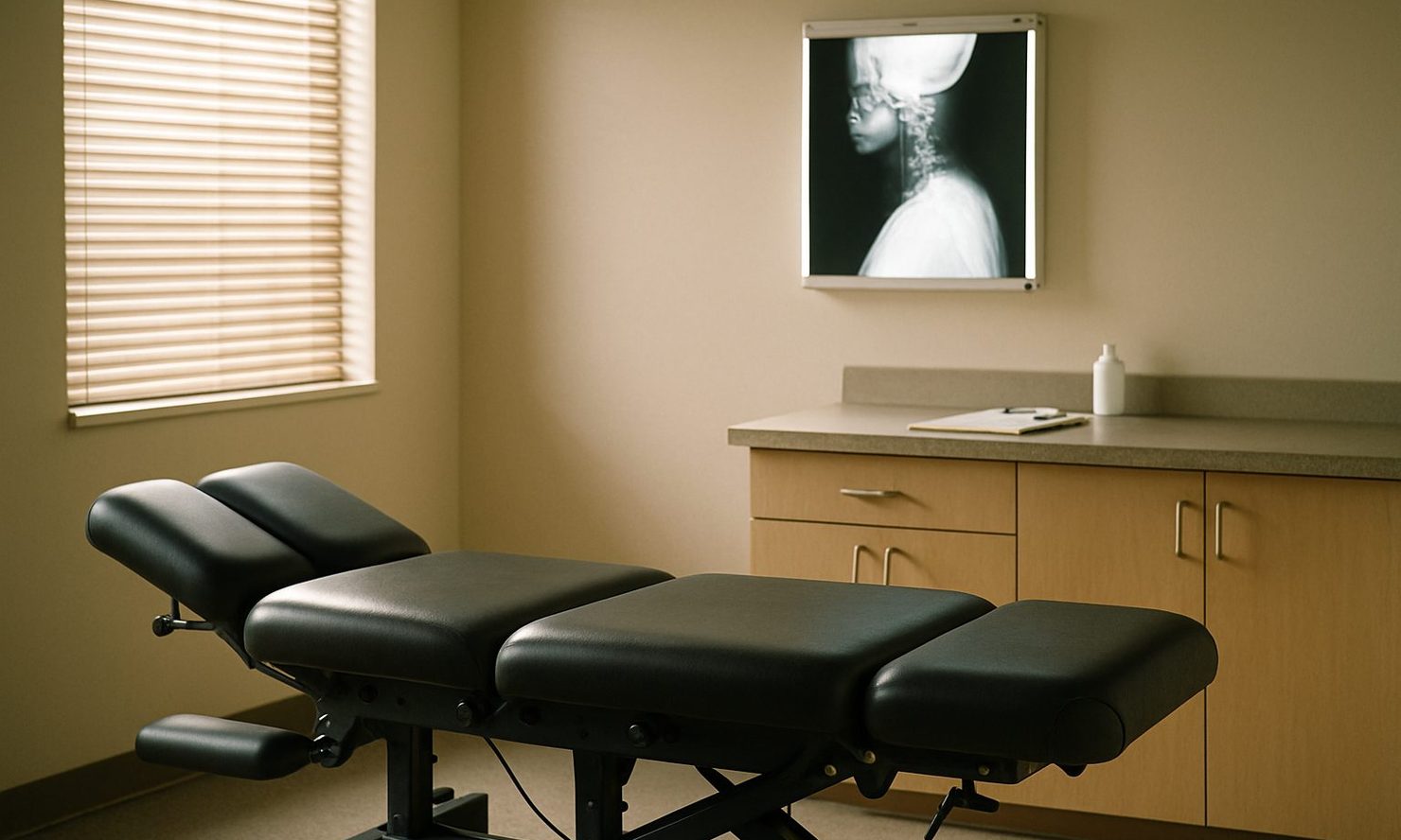 Injury exam room with treatment table and a glowing lightbox holding a cervical spine film