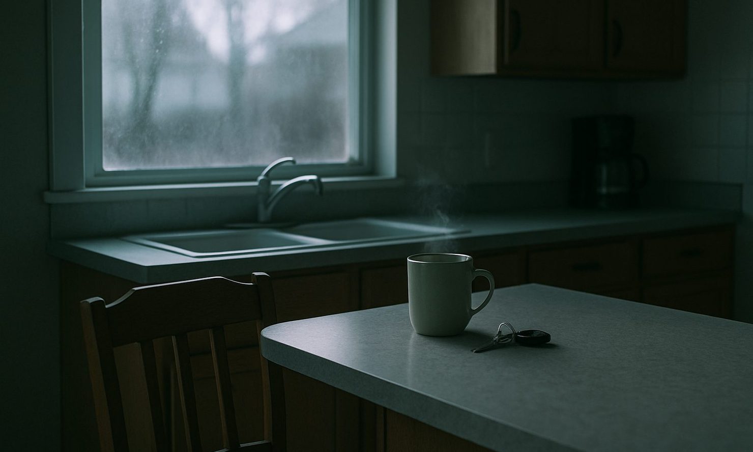 A dim suburban kitchen at first light, a single coffee mug steaming on the counter beside a set of car keys, chair pulled out and empty
