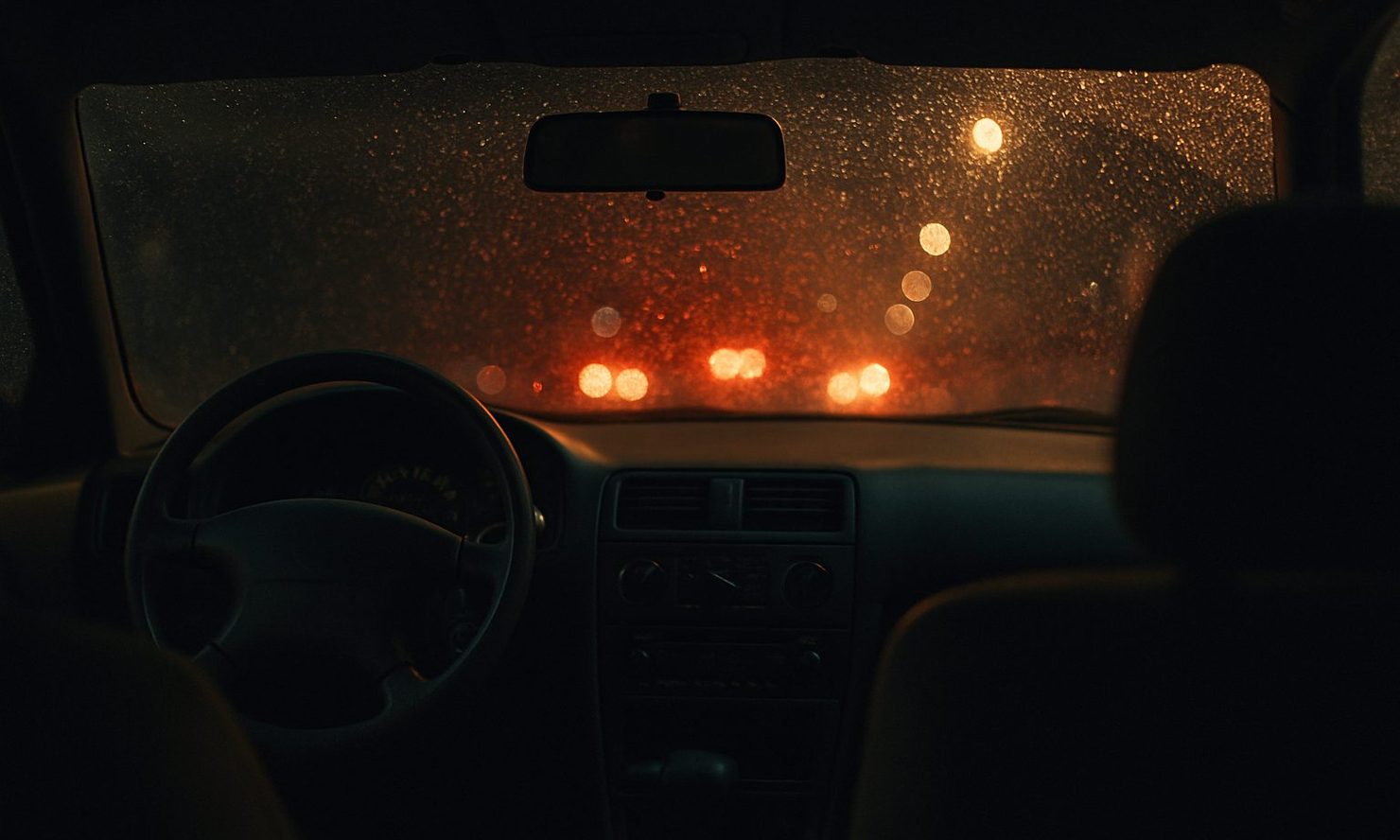 View from inside a parked car at night, rain beaded on the windshield, blurred red brake lights and amber streetlights beyond the glass