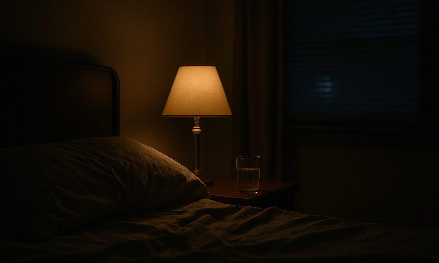 A dark bedroom at night, a bedside lamp switched on over a rumpled pillow and a glass of water on the nightstand, blinds closed